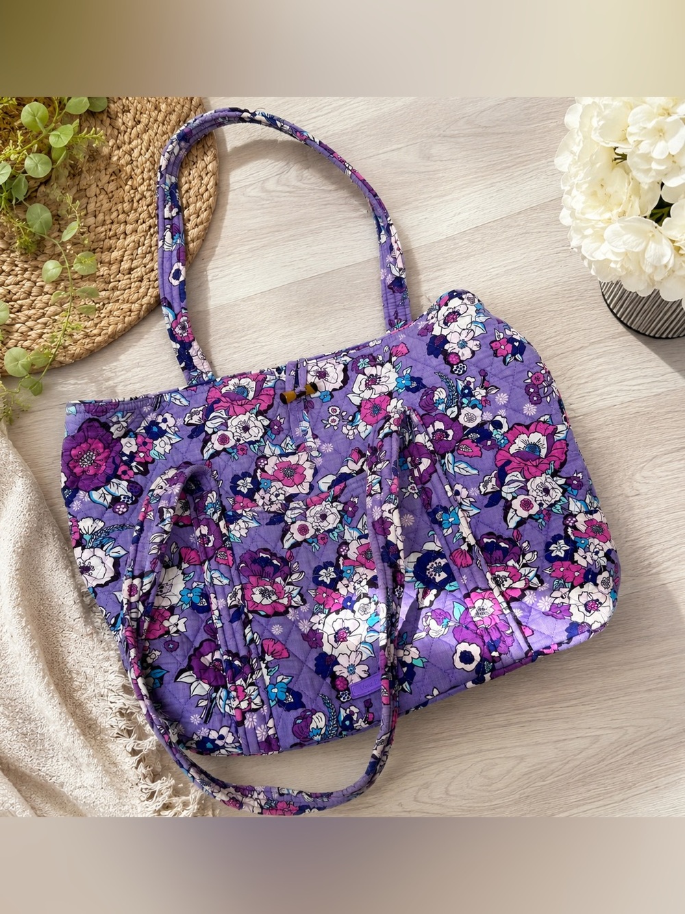 Vera Bradley Enchanted Garden Retired Large Quilted Tote Bag Purple Floral